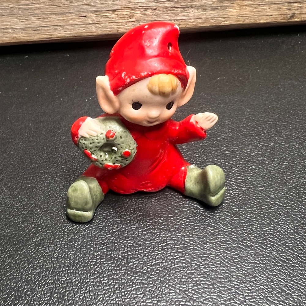 Vintage Ceramic Christmas Elf Figurine Red Pixie with Wreath Mid Century Decor
